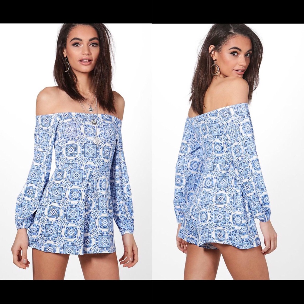 Blue Off the Shoulder Romper